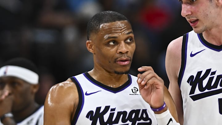 Mar 14, 2026; Inglewood, California, USA; Sacramento Kings center Maxime Raynaud (42) talks to guard Russell Westbrook (18) against the LA Clippers during the first quarter at Intuit Dome.
