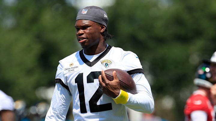 Jacksonville Jaguars wide receiver Travis Hunter (12) looks on during an NFL training camp session at the Miller Electric Center, Friday Aug. 15, 2025 in Jacksonville, Fla. [Corey Perrine/Florida Times-Union]