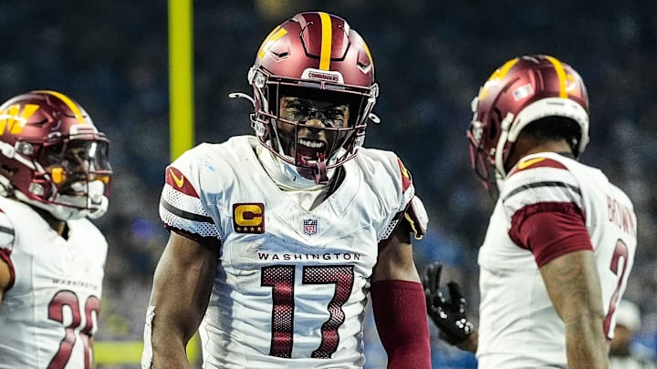 Washington Commanders wide receiver Terry McLaurin (17) celebrates a first down against Detroit Lions during the second half of the NFC divisional round at Ford Field in Detroit on Saturday, Jan. 18, 2025.