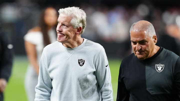 Sep 15, 2025; Paradise, Nevada, USA;  Las Vegas Raiders head coach Pete Carroll looks on after the game against the Los Angeles Chargers at Allegiant Stadium. Mandatory Credit: Stephen R. Sylvanie-Imagn Images