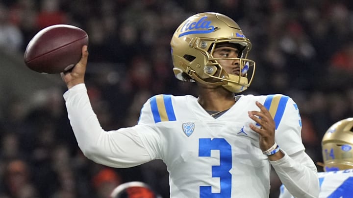 Oct 14, 2023; Corvallis, Oregon, USA; UCLA Bruins quarterback Dante Moore (3) throws the ball during the second half against the Oregon State Beavers at Reser Stadium. Mandatory Credit: Soobum Im-Imagn Images