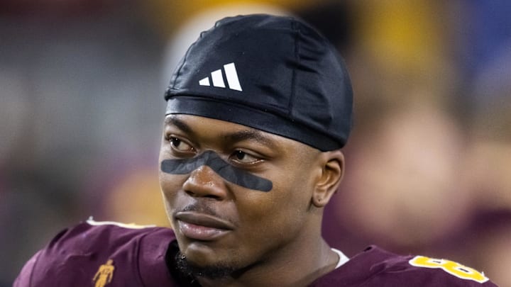 Nov 28, 2025; Tempe, Arizona, USA; Arizona State Sun Devils linebacker Jordan Crook (8) against the Arizona Wildcats during the 99th Territorial Cup at Mountain America Stadium. Mandatory Credit: Mark J. Rebilas-Imagn Images