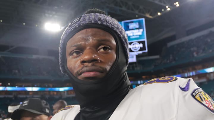 Baltimore Ravens quarterback Lamar Jackson walks off the field after a win over Miami Dolphins. Baltimore Ravens quarterback Lamar Jackson walks off the field after a win over Miami Dolphins.