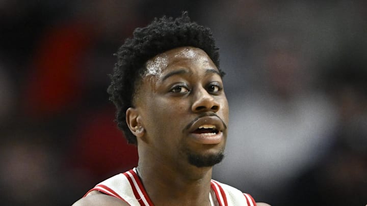 Mar 19, 2026; Portland, OR, USA; Wisconsin Badgers guard John Blackwell (25) passes against the High Point Panthers during the first half of a first round game of the men's 2026 NCAA Tournament at Moda Center. Mandatory Credit: Craig Strobeck-Imagn Images