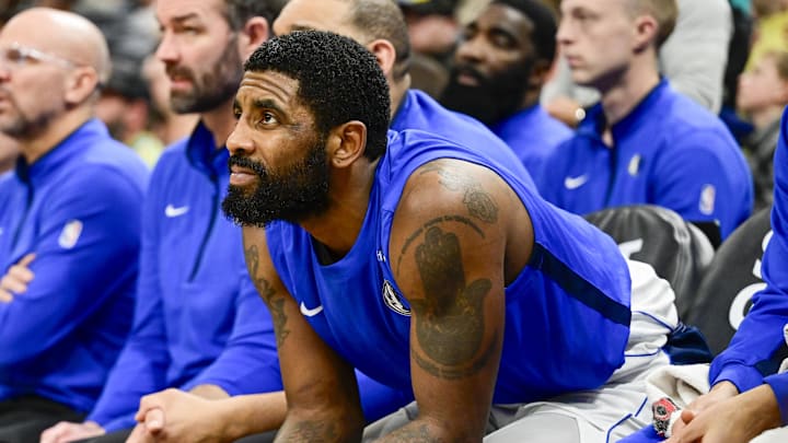 Jan 1, 2024; Salt Lake City, Utah, USA; Dallas Mavericks guard Kyrie Irving (11) on the bench against the Utah Jazz during the second half at the Delta Center. Mandatory Credit: Christopher Creveling-Imagn Images Jan 1, 2024; Salt Lake City, Utah, USA; Dallas Mavericks guard Kyrie Irving (11) on the bench against the Utah Jazz during the second half at the Delta Center. Mandatory Credit: Christopher Creveling-Imagn Images