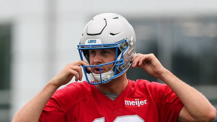 Aug 2, 2026; Allen Park, MI, USA; Detroit Lions quarterback Jared Goff (16) snaps on his helmet during Detroit Lions training camp at Meijer Performance Center. Mandatory Credit: Paul Barnick-Imagn Images Aug 2, 2026; Allen Park, MI, USA; Detroit Lions quarterback Jared Goff (16) snaps on his helmet during Detroit Lions training camp at Meijer Performance Center. Mandatory Credit: Paul Barnick-Imagn Images