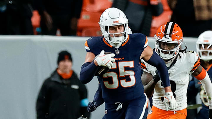 Denver Broncos linebacker Cody Barton runs back an interception on a pass attempt. Mandatory Credit: Isaiah J. Downing-Imagn Images Denver Broncos linebacker Cody Barton runs back an interception on a pass attempt. Mandatory Credit: Isaiah J. Downing-Imagn Images