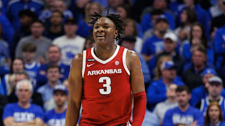 Feb 1, 2025; Lexington, Kentucky, USA; Arkansas Razorbacks forward Adou Thiero (3) reacts after making a basket during the first half against the Kentucky Wildcats at Rupp Arena at Central Bank Center. Mandatory Credit: Jordan Prather-Imagn Images