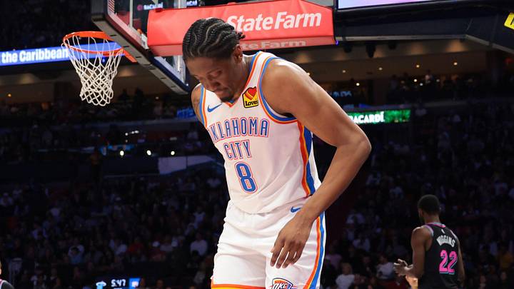 Jan 17, 2026; Miami, Florida, USA; Oklahoma City Thunder guard Jalen Williams (8) grabs the back of his right leg after a play against the Miami Heat during the second quarter at Kaseya Center. Mandatory Credit: Sam Navarro-Imagn Images Jan 17, 2026; Miami, Florida, USA; Oklahoma City Thunder guard Jalen Williams (8) grabs the back of his right leg after a play against the Miami Heat during the second quarter at Kaseya Center. Mandatory Credit: Sam Navarro-Imagn Images
