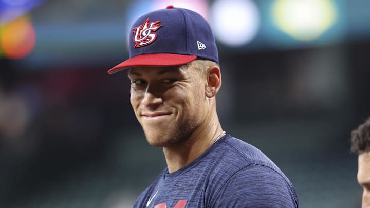 Mar 6, 2026; Houston, TX, United States; United States right fielder Aaron Judge (99) smiles during batting practice before the game against Brazil at Daikin Park. Mandatory Credit: Troy Taormina-Imagn Images