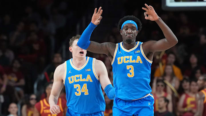 Mar 7, 2026; Los Angeles, California, USA; UCLA Bruins forward Eric Dailey Jr. (3) and forward Tyler Bilodeau (34) celebrate against the Southern California Trojans in the second half at Galen Center. Mandatory Credit: Kirby Lee-Imagn Images Mar 7, 2026; Los Angeles, California, USA; UCLA Bruins forward Eric Dailey Jr. (3) and forward Tyler Bilodeau (34) celebrate against the Southern California Trojans in the second half at Galen Center. Mandatory Credit: Kirby Lee-Imagn Images