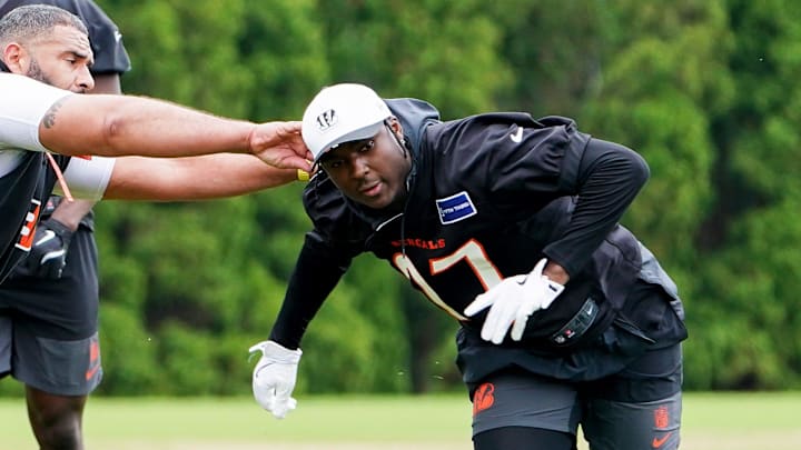Cincinnati Bengals safety Jordan Battle runs drills during practice, Tuesday, May 6, 2025, at the Kettering Health Practice Field in Downtown Cincinnati.