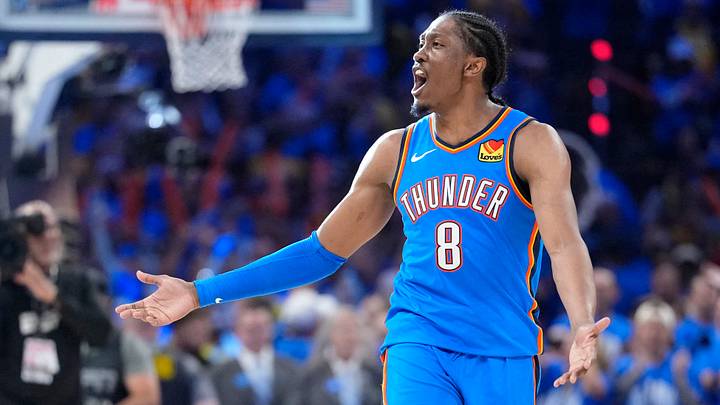 Jun 22, 2025; Oklahoma City, Oklahoma, USA; Oklahoma City Thunder forward Jalen Williams (8) reacts after a play against the Indiana Pacers during the second half of game seven of the 2025 NBA Finals at Paycom Center. Mandatory Credit: Kyle Terada-Imagn Images Jun 22, 2025; Oklahoma City, Oklahoma, USA; Oklahoma City Thunder forward Jalen Williams (8) reacts after a play against the Indiana Pacers during the second half of game seven of the 2025 NBA Finals at Paycom Center. Mandatory Credit: Kyle Terada-Imagn Images