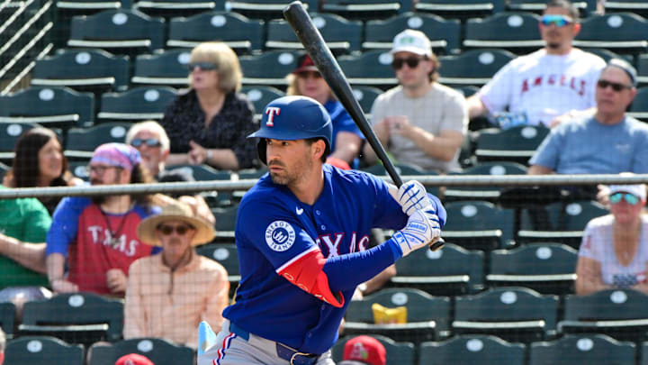 Texas Rangers second baseman Tyler Wade prepares to swing his bat during a game. 