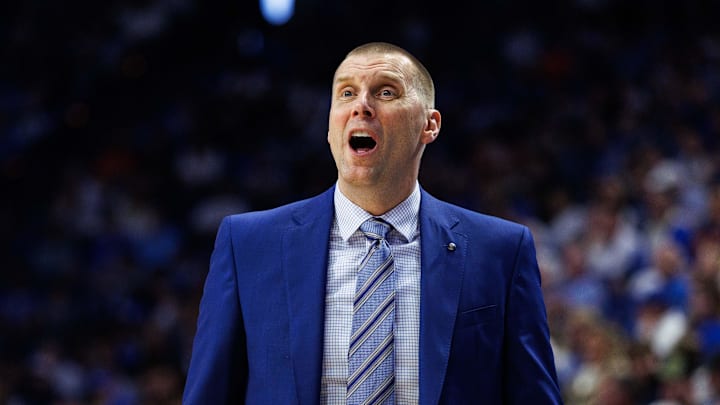 Mar 7, 2026; Lexington, Kentucky, USA; Kentucky Wildcats head coach Mark Pope talks to his players from the sideline during the first half against the Florida Gators at Rupp Arena at Central Bank Center. Mandatory Credit: Jordan Prather-Imagn Images