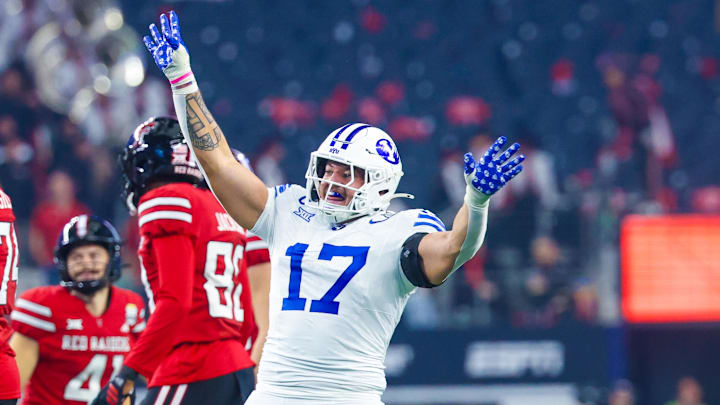 Dec 6, 2025; Arlington, TX, USA;  BYU Cougars linebacker Jack Kelly (17) reacts after a missed field goal against the Texas Tech Red Raiders during the first halfat AT&T Stadium. Mandatory Credit: Kevin Jairaj-Imagn Images