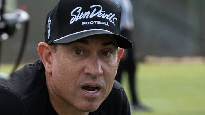 ASU football offensive coordinator Marcus Arroyo during practice on March 26, 2024, at ASU's Kajikawa Practice fields in Tempe. ASU football offensive coordinator Marcus Arroyo during practice on March 26, 2024, at ASU's Kajikawa Practice fields in Tempe.