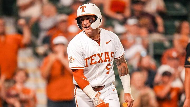 Texas Longhorns second baseman Ethan Mendoza celebrates after scoring against the Texas State Bobcats Texas Longhorns second baseman Ethan Mendoza celebrates after scoring against the Texas State Bobcats