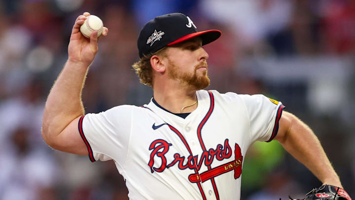 Jun 17, 2025; Atlanta, Georgia, USA; Atlanta Braves starting pitcher Spencer Schwellenbach (56) throws against the New York Mets in the first inning at Truist Park. Mandatory Credit: Brett Davis-Imagn Images