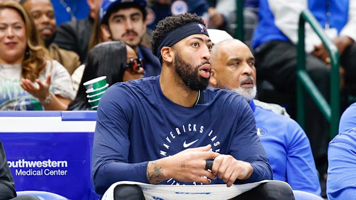 Dec 6, 2025; Dallas, Texas, USA; Dallas Mavericks forward Anthony Davis (3) looks on from the bench during the fourth quarter against the Houston Rockets at American Airlines Center. Mandatory Credit: Andrew Dieb-Imagn Images Dec 6, 2025; Dallas, Texas, USA; Dallas Mavericks forward Anthony Davis (3) looks on from the bench during the fourth quarter against the Houston Rockets at American Airlines Center. Mandatory Credit: Andrew Dieb-Imagn Images