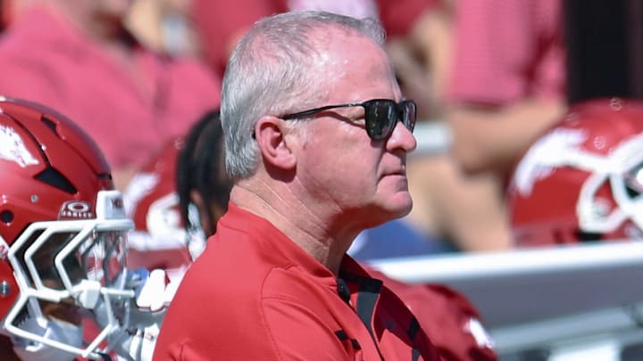 Arkansas Razorbacks athletics director Hunter Yurachek on the sidelines during game with the Notre Dame Fighting Irish at Razorback Stadium in Fayetteville, Ark Arkansas Razorbacks athletics director Hunter Yurachek on the sidelines during game with the Notre Dame Fighting Irish at Razorback Stadium in Fayetteville, Ark