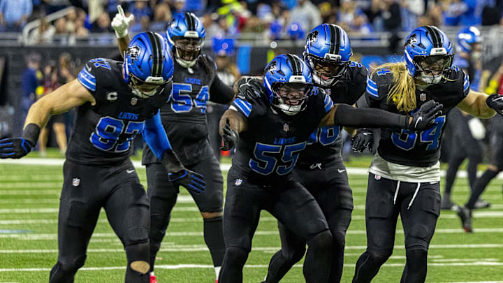 Detroit Lions linebacker Derrick Barnes (55) reacts with teammates after a tackle against the Tampa Bay Buccaneers Detroit Lions linebacker Derrick Barnes (55) reacts with teammates after a tackle against the Tampa Bay Buccaneers