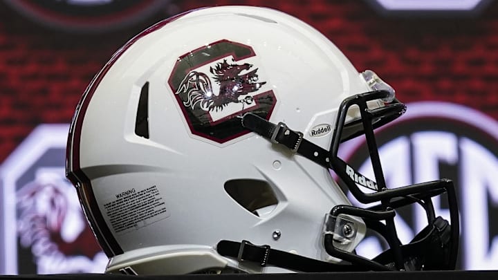 Jul 19, 2022; Atlanta, GA, USA; The South Carolina helmet on the stage during SEC Media Days at the College Football Hall of Fame. Mandatory Credit: Dale Zanine-Imagn Images
