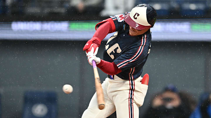 May 8, 2026; Cleveland, Ohio, USA; Cleveland Guardians second baseman Travis Bazzana (37) hits a home run during the first inning against the Minnesota Twins at Progressive Field. Mandatory Credit: Ken Blaze-Imagn Images