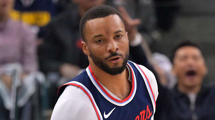 Apr 26, 2025; Inglewood, California, USA; Los Angeles Clippers guard Norman Powell (24) heads down court after a 3-point basket in the first half of game four of round one of the 2024 NBA Playoffs against the Denver Nuggets at Intuit Dome. Mandatory Credit: Jayne Kamin-Oncea-Imagn Images
