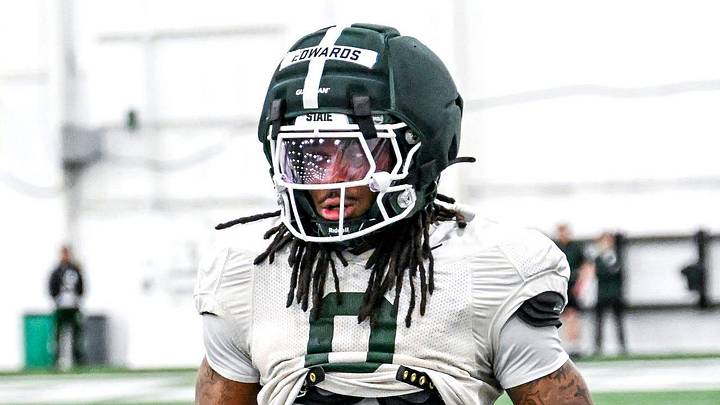Michigan State's Cam Edwards looks on during spring football practice on Tuesday, March 24, 2026, in East Lansing. Michigan State's Cam Edwards looks on during spring football practice on Tuesday, March 24, 2026, in East Lansing.