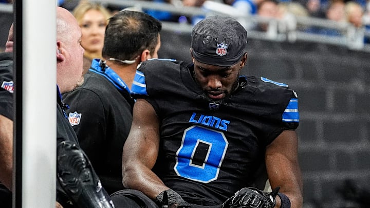 Detroit Lions cornerback Terrion Arnold (0) is carted off the field during the second half against Vikings Detroit Lions cornerback Terrion Arnold (0) is carted off the field during the second half against Vikings