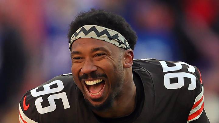 Former Browns defensive end Myles Garrett smiling Former Browns defensive end Myles Garrett smiling