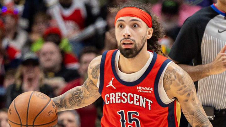 Dec 22, 2025; New Orleans, Louisiana, USA;  New Orleans Pelicans guard Jose Alvarado (15) brings the ball up court against the Dallas Mavericks during the second half at Smoothie King Center. Mandatory Credit: Stephen Lew-Imagn Images