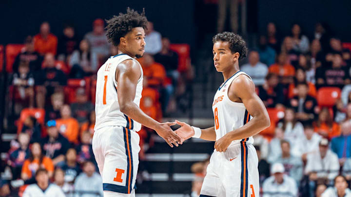 Illinois freshman guards Brandon Lee (1) and Blake Fagbemi get their first college action in the Illini's 92-65 exhibition win over Illinois State on Sunday at the State Farm Center in Champaign, Illinois.