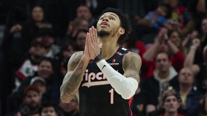 Jan 11, 2025; Portland, Oregon, USA; Portland Trail Blazers guard Anfernee Simons (1) reacts after being fouled and scoring a basket during the second half against the Miami Heat at Moda Center. Mandatory Credit: Troy Wayrynen-Imagn Images Jan 11, 2025; Portland, Oregon, USA; Portland Trail Blazers guard Anfernee Simons (1) reacts after being fouled and scoring a basket during the second half against the Miami Heat at Moda Center. Mandatory Credit: Troy Wayrynen-Imagn Images