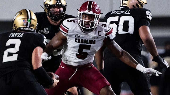 South Carolina Gamecocks edge Kyle Kennard reacts as Vanderbilt Commodores quarterback Diego Pavia protects the ball.