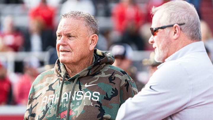 Arkansas coach Sam Pittman with athletic director Hunter Yurachek before the game against Louisiana Tech.