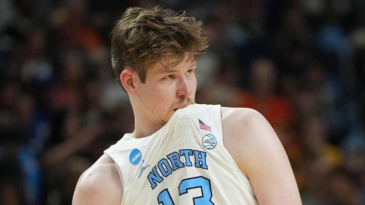 North Carolina Tar Heels center Henri Veesaar (13) bites his jersey against the VCU Rams at Bon Secours Wellness Arena on March 19, 2026.