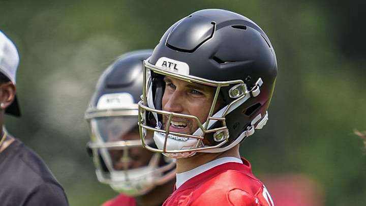 Jun 11, 2025; Atlanta, GA, USA; Atlanta Falcons quarterback Kirk Cousins (18) shown  during Minicamp at Children's Healthcare of Atlanta Training Ground. Mandatory Credit: Dale Zanine-Imagn Images