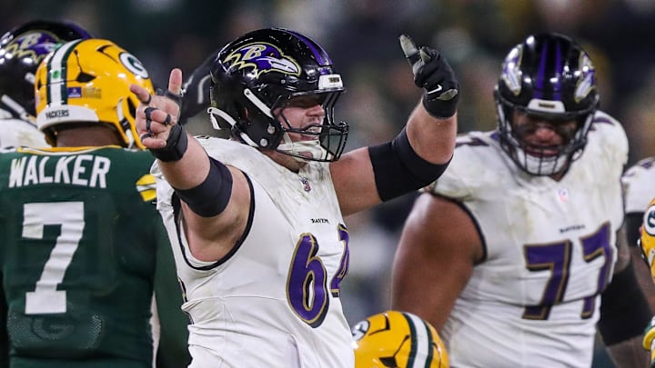 Baltimore Ravens center Tyler Linderbaum (64) reacts after a defensive penalty against the Green Bay Packers gives the Ravens a first down on Saturday, December 27, 2025, at Lambeau Field in Green Bay, Wis. The Ravens won the game, 41-24.
Tork Mason/USA TODAY NETWORK-Wisconsin