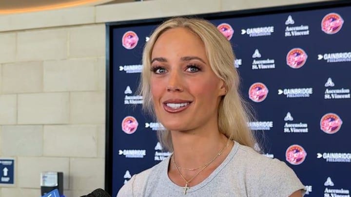 Indiana Fever guard Sophie Cunningham meets with the media on Tuesday, March 11, 2025.
