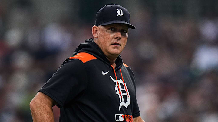 Detroit Tigers manager A.J. Hinch (14) walks off the field after a pitching change against Minnesota Twins during the eighth inning at Comerica Park in Detroit in Monday, August 4, 2025. Detroit Tigers manager A.J. Hinch (14) walks off the field after a pitching change against Minnesota Twins during the eighth inning at Comerica Park in Detroit in Monday, August 4, 2025.