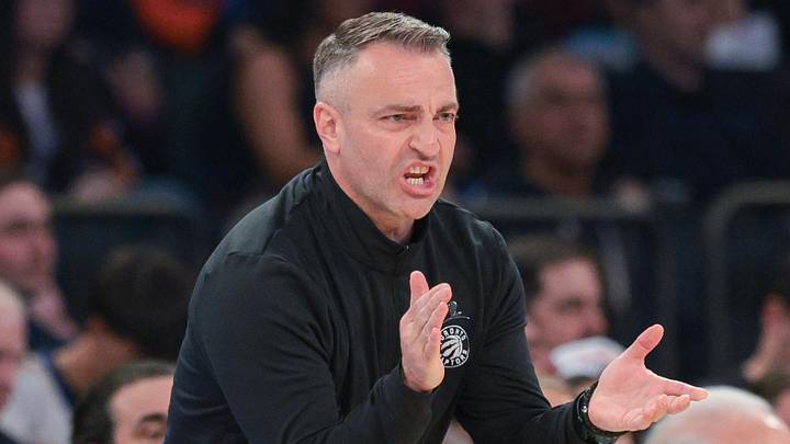 Apr 10, 2026; New York, New York, USA; Toronto Raptors head coach Darko Rajakovic reacts during the first quarter against the New York Knicks at Madison Square Garden. Mandatory Credit: Vincent Carchietta-Imagn Images 