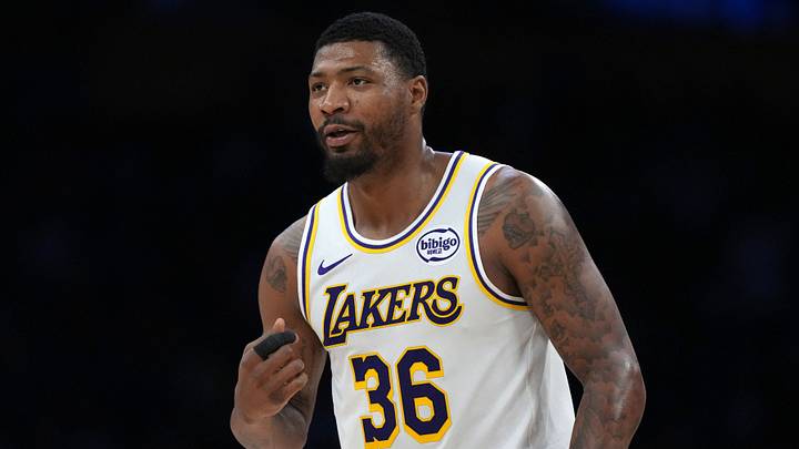 Mar 8, 2026; Los Angeles, California, USA; Los Angeles Lakers guard Marcus Smart (36) reacts against the New York Knicks at Crypto.com Arena. Mandatory Credit: Kirby Lee-Imagn Images