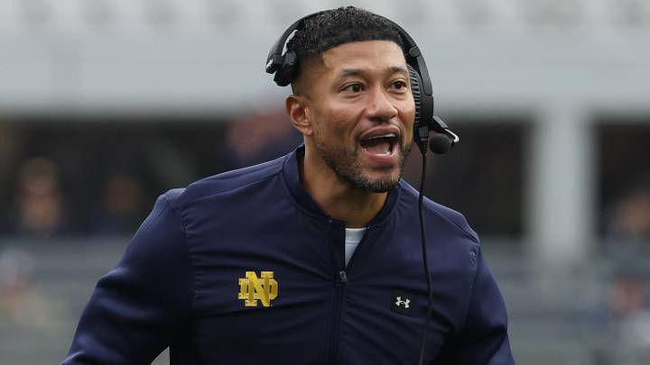 Nov 15, 2025; Pittsburgh, Pennsylvania, USA; Notre Dame Fighting Irish head coach Marcus Freeman reacts after an Irish touchdown against the Pittsburgh Panthers during the second quarter at Acrisure Stadium. Nov 15, 2025; Pittsburgh, Pennsylvania, USA; Notre Dame Fighting Irish head coach Marcus Freeman reacts after an Irish touchdown against the Pittsburgh Panthers during the second quarter at Acrisure Stadium.