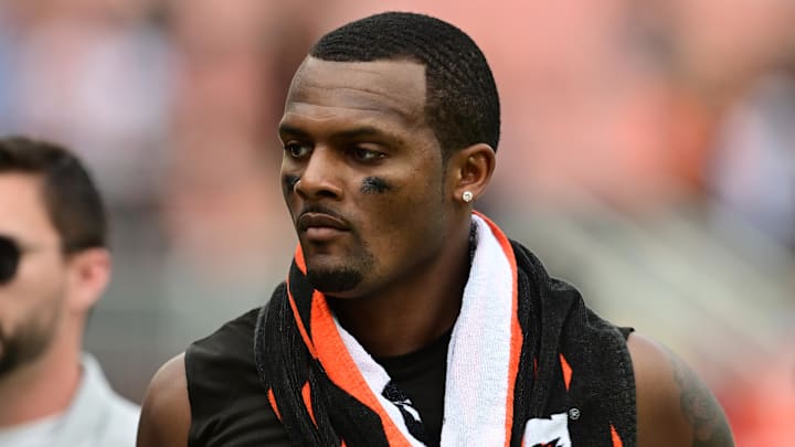 Sep 22, 2024; Cleveland, Ohio, USA; Cleveland Browns quarterback Deshaun Watson walks off the field after the Browns lost to the New York Giants at Huntington Bank Field. Mandatory Credit: Ken Blaze-Imagn Images