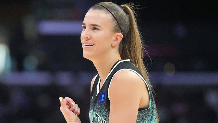 Aug 15, 2024; Los Angeles, California, USA; New York Liberty guard Sabrina Ionescu (20) reacts in the first half against the LA Sparks at Crypto.com Arena. Mandatory Credit: Kirby Lee-USA TODAY Sports