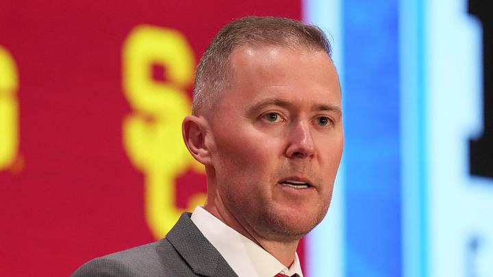 Jul 24, 2025; Las Vegas, NV, USA; USC head coach Lincoln Riley speaks to the media during the Big Ten NCAA college football media days at Mandalay Bay Resort. Mandatory Credit: Lucas Peltier-Imagn Images