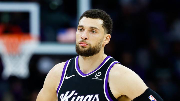 Jan 20, 2026; Sacramento, California, USA; Sacramento Kings guard Zach LaVine (8) looks on against the Miami Heat during the third quarter at Golden 1 Center. Mandatory Credit: Sergio Estrada-Imagn Images
