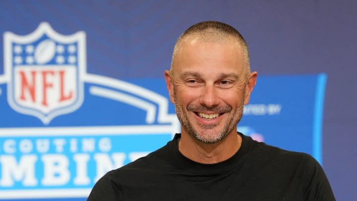 Feb 24, 2026; Indianapolis, IN, USA; Las Vegas Raiders general manager John Spytek speaks at the NFL Scouting Combine at the Indiana Convention Center. Mandatory Credit: Kirby Lee-Imagn Images